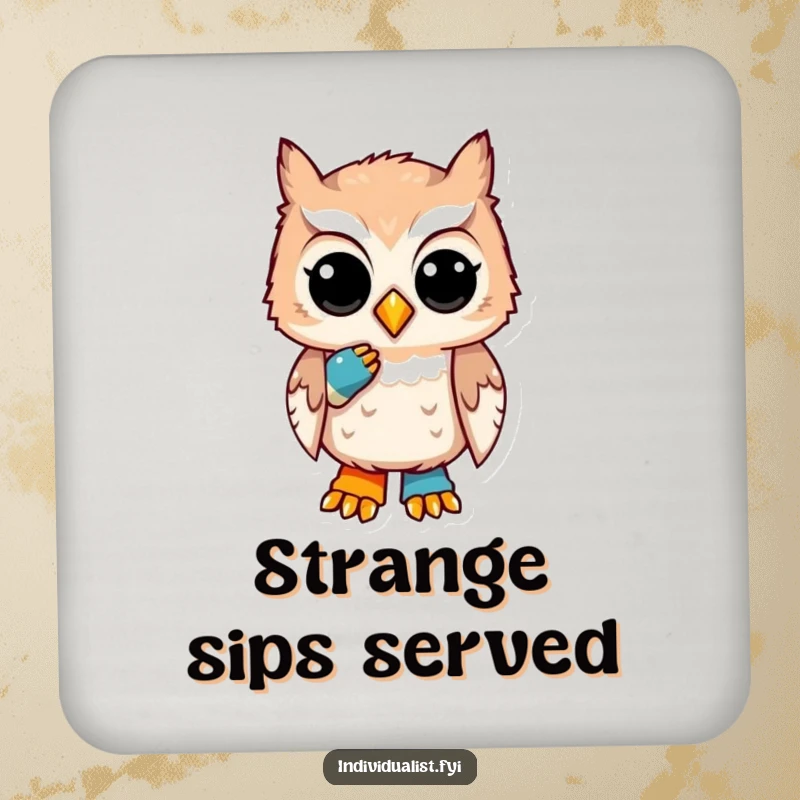 Funny drink coasters featuring a unique owl with a thoughtful expression and a mismatched sock, offering humorous surface protection.