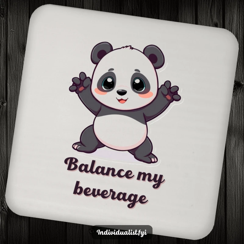 Funny panda drink coasters illustrating a playful panda in an odd, bent pose, protecting tables with humor and style.