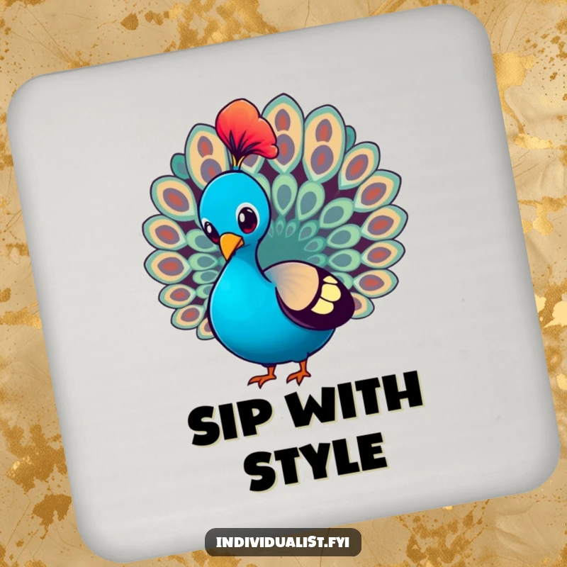 Funny Drink Coaster showing a peacock proudly strutting and showcasing a single, brightly colored feather, adding elegant flair.