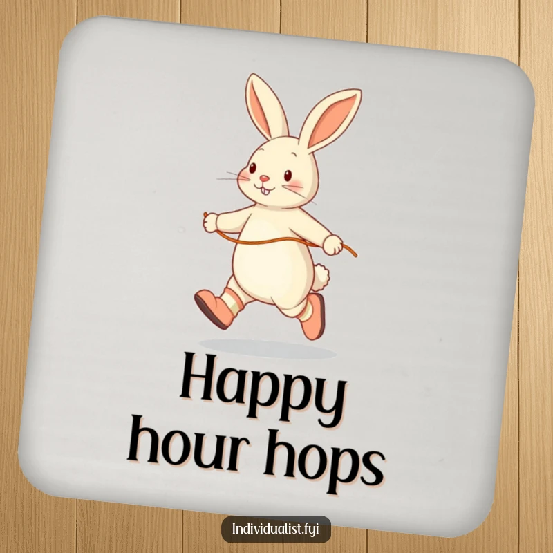 Funny drink coaster designed with a happy rabbit skipping rope, wearing mismatched socks, adding playful humor to any surface.