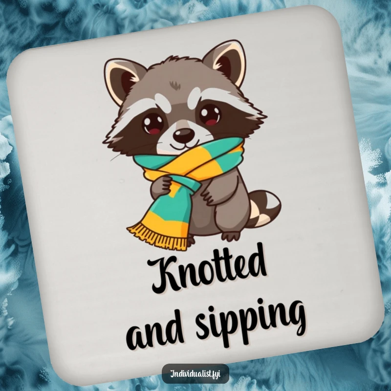 Funny Raccoon Coaster depicting a playful raccoon sporting a colorful scarf tied in an unusual knot, safeguarding your surfaces with humor.