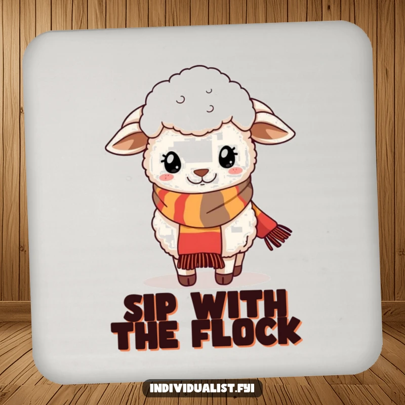 Funny drink coaster with a fluffy sheep wearing a stylish, quirky scarf, adding fashionable charm.