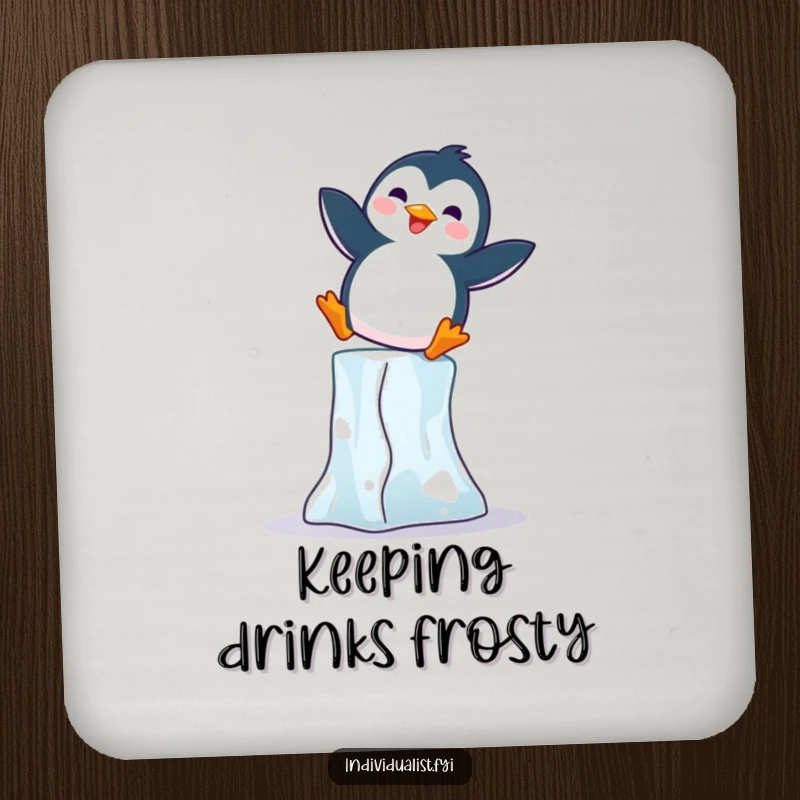 Funny Penguin Coaster: Joyful penguin balancing on an ice block, protecting surfaces with funny flair.