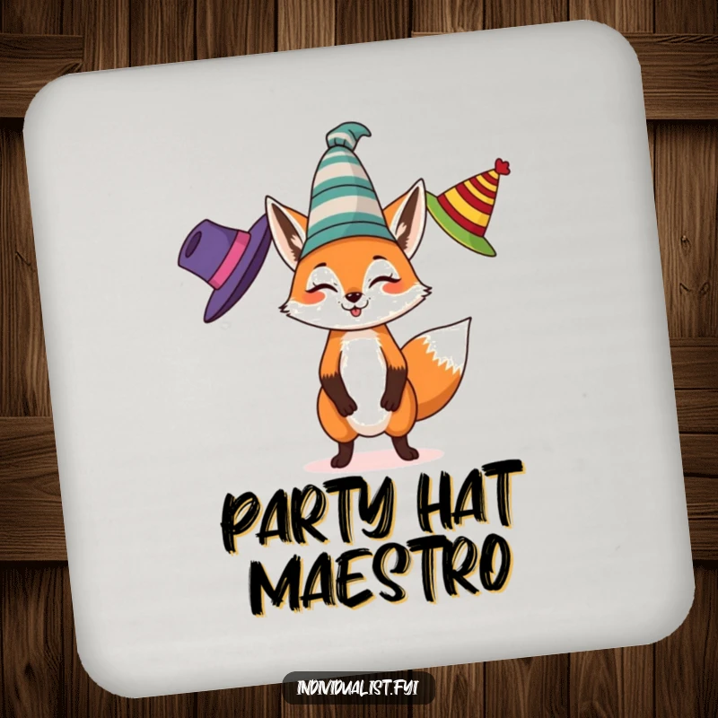 Funny drink coaster showcasing a spirited fox juggling three different colored, eccentric hats, adding playful humor to drink presentations.