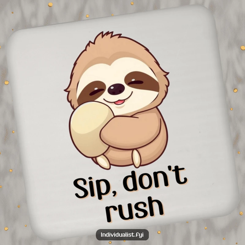 Funny Sloth Coaster depicting a serenely smiling sloth wearing one oversized glove, safeguarding your surfaces with humor and calm.
