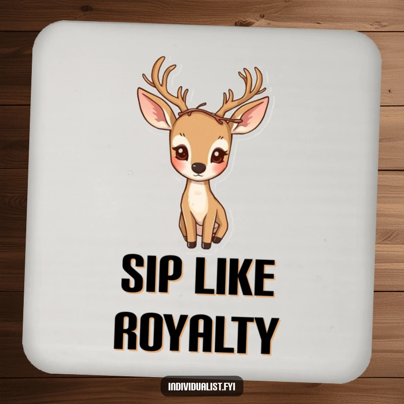 Funny drink coasters featuring a curious deer wearing a unique, asymmetrical crown of twigs.