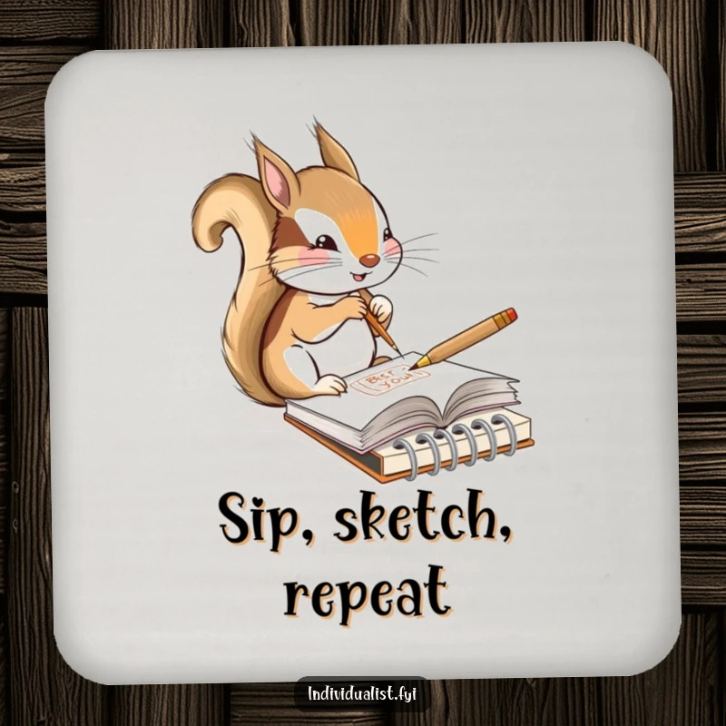 Funny drink coaster showcasing a content squirrel artist sketching a unique design in a tiny notebook, adding artistic humor to table settings.