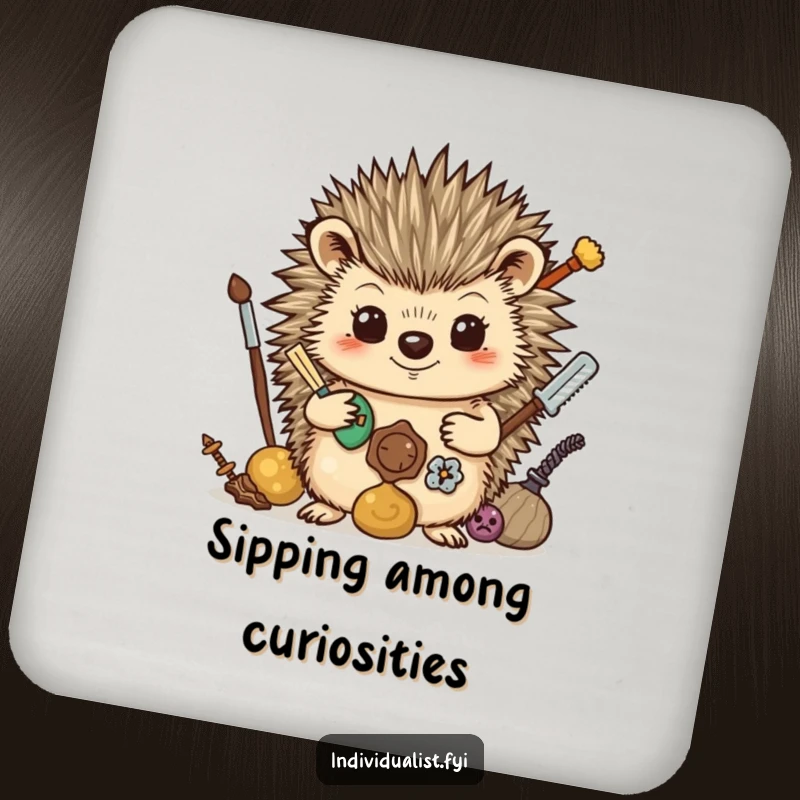 Funny Coasters: A proud hedgehog displays its collected treasures, adding a touch of quirky charm to protect your surfaces.