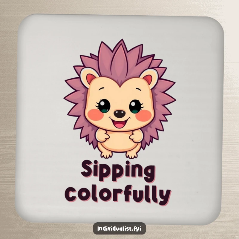 Funny smiling hedgehog with vibrant, spiky colors, featured on a set of protective and humorous drink coasters.