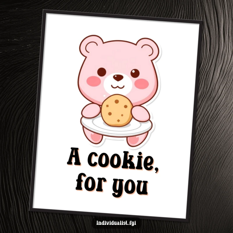 Funny Kawaii bear offering a uniquely shaped cookie from a plate, depicted as a heartwarming poster print.