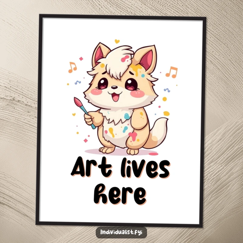 Funny Poster: A creative creature with a splash of paint adorning its fur hums a cheerful tune, creating an artistic and joyful scene.