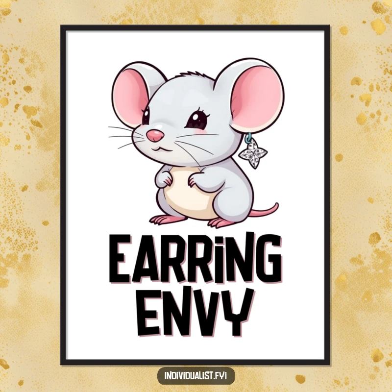 Funny Mouse Poster showcasing a tiny, determined rodent with a single, spectacularly large, sparkling earring, creating a whimsical focal point.