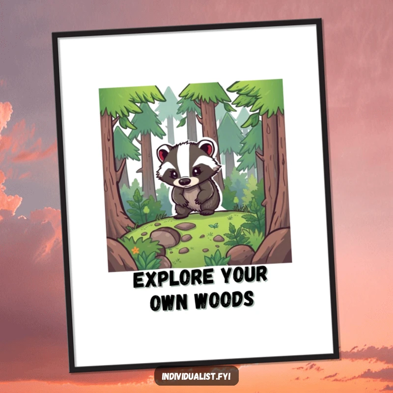 Funny Poster: A determined badger bravely cuts through a thick forest, embodying a spirit of resilience and pioneering exploration.