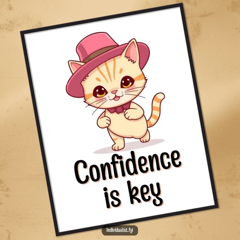 Funny poster of a confident, smirking cat wearing a flamboyant hat, bringing a unique blend of fashion and humor to walls.
