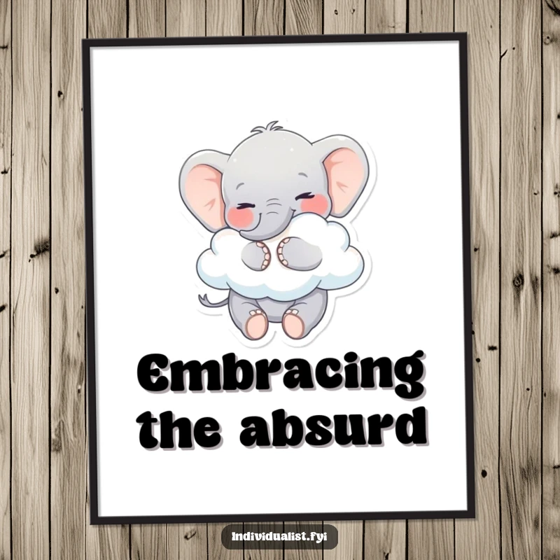 Funny Elephant Poster: Playful elephant smiling, embracing a uniquely shaped cloud, bringing whimsical charm to art.