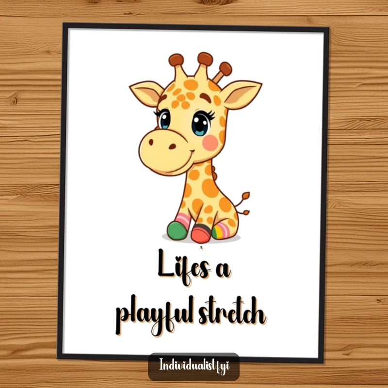 Funny Giraffe Poster: Happy giraffe wearing mismatched colorful socks, bringing cheerful humor to any decor.