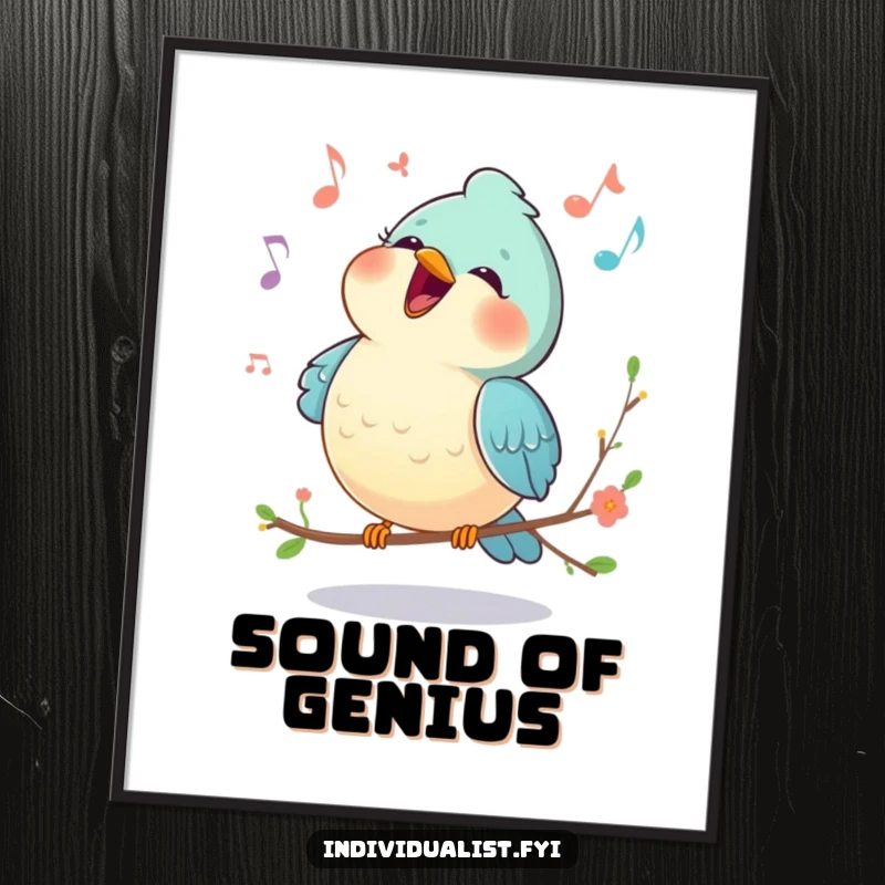 Funny poster art of a happy bird singing a unique melody, with vibrant colors and musical notes conveying pure delight.