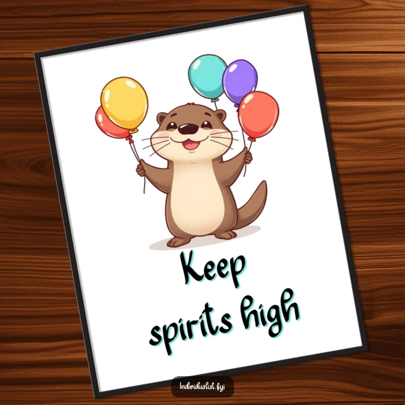 Funny otter poster of a joyful otter gleefully juggling colorful, strangely shaped balloons, a happy scene.