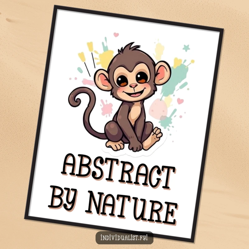 Funny poster of a monkey creating abstract art with its tail, evoking a sense of wild, unpredictable creativity.