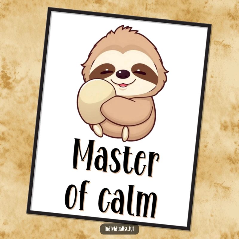 Funny Sloth Poster featuring a deeply contented sloth with a peaceful smile, wearing one exaggeratedly large glove, creating a tranquil scene.