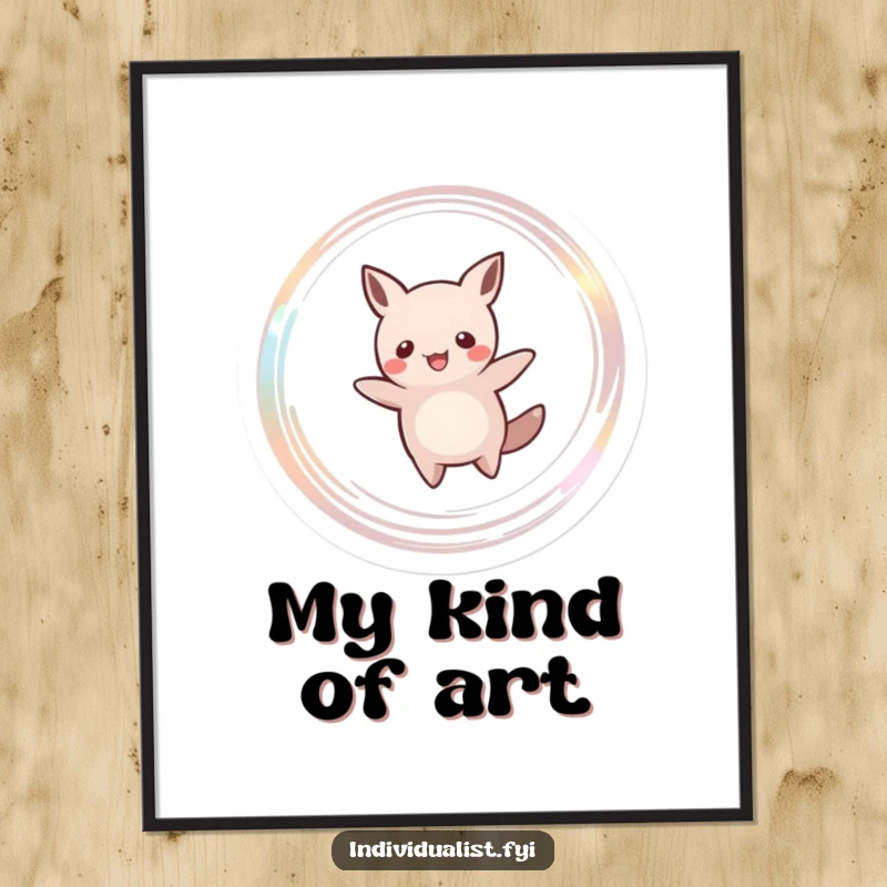 Funny poster print of a cartoon creature with a distinct silhouette, joyfully twirling and leaving a glittering, ethereal trail. Pure animated happiness.