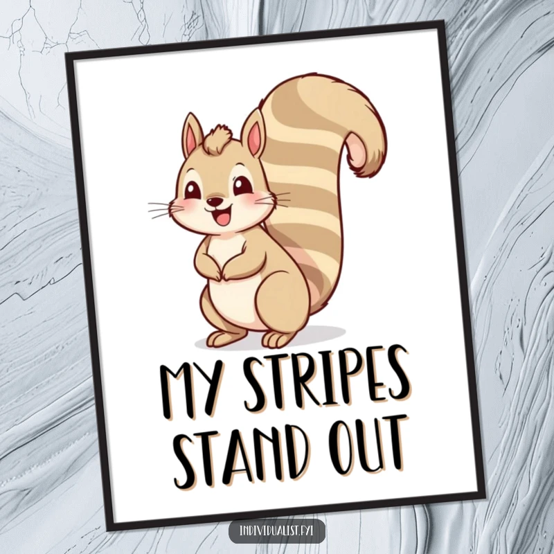 Funny squirrel poster print of a cheerful squirrel with a remarkably tall, striped tail, adding whimsical humor to wall decor.