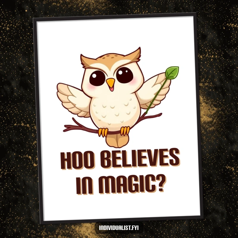 Funny owl leaf poster showcasing a joyful owl in flight with a uniquely shaped leaf, adding whimsical charm to walls.