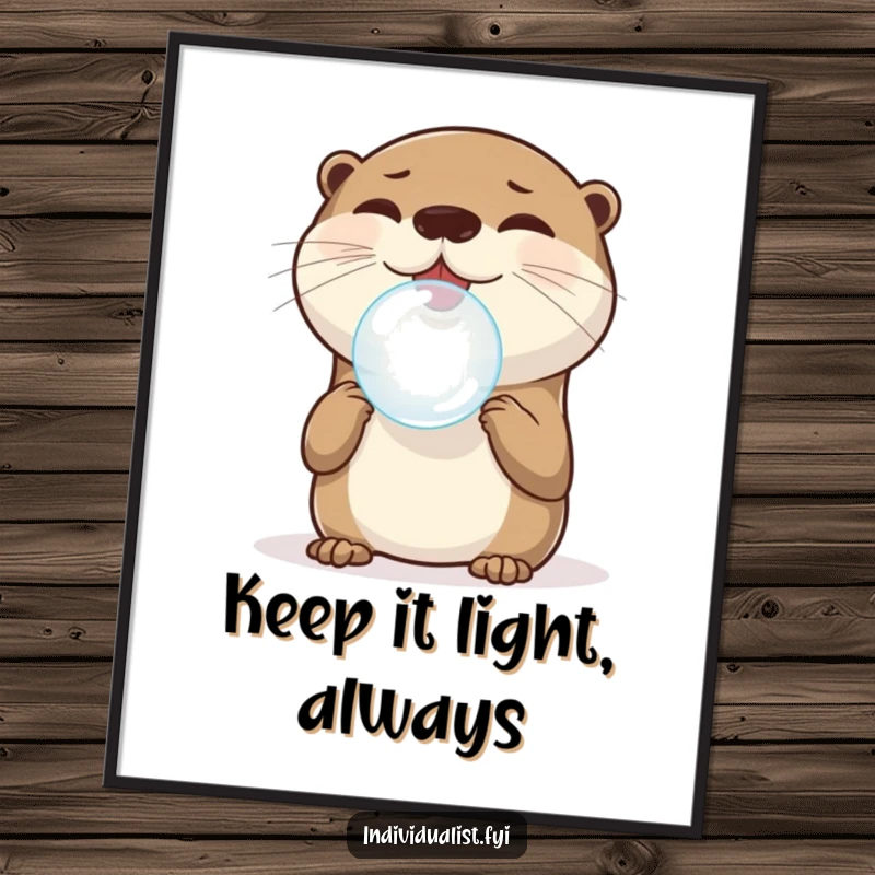 Funny Otter Poster: A joyful otter balances a single, perfectly round bubble on its nose, showcasing playful concentration and delight, a great funny gift.