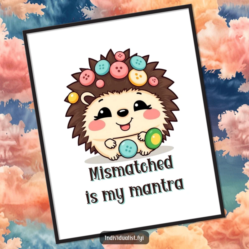 Funny hedgehog poster print of a giggling hedgehog adorned with a variety of mismatched buttons, adding cute humor to wall decor.