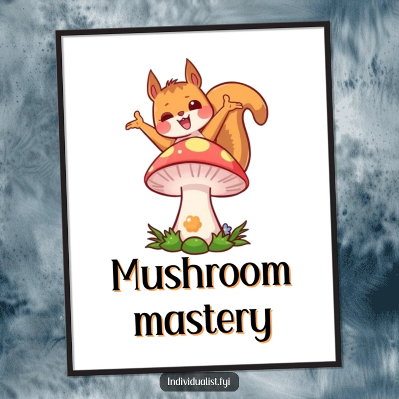 Funny kawaii squirrel poster, illustrating a joyful squirrel striking a unique pose on a brightly colored, whimsical mushroom.