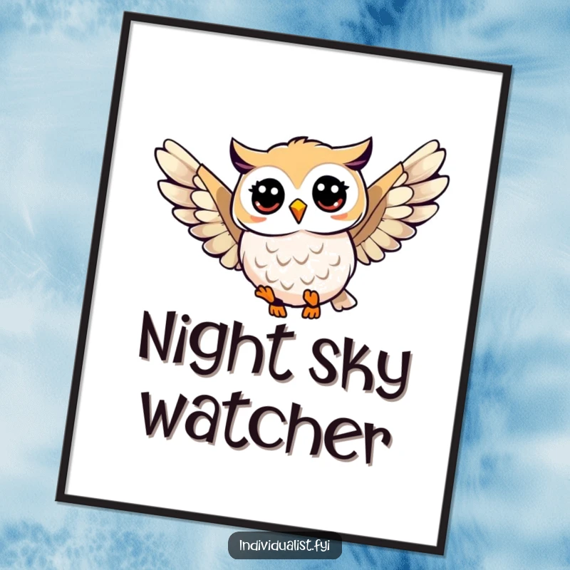 Funny owl soaring poster featuring a happy owl with a unique wing pattern, celebrating the beauty of nature and distinctive flight.