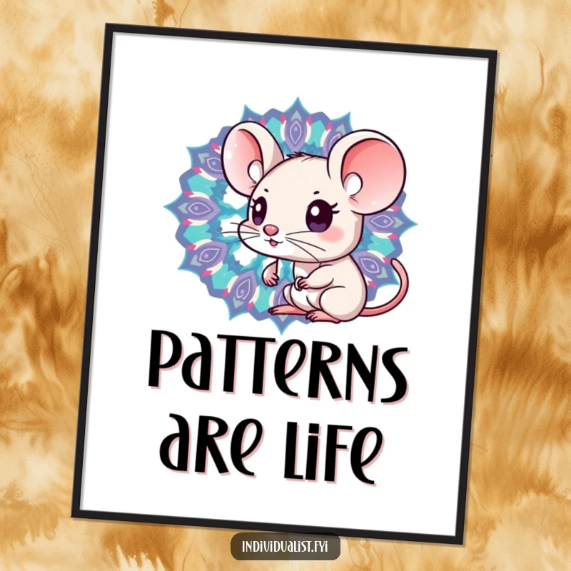 Funny Kawaii mouse fascinated by the intricate and distinct patterns within a colorful kaleidoscope, presented as wall art.