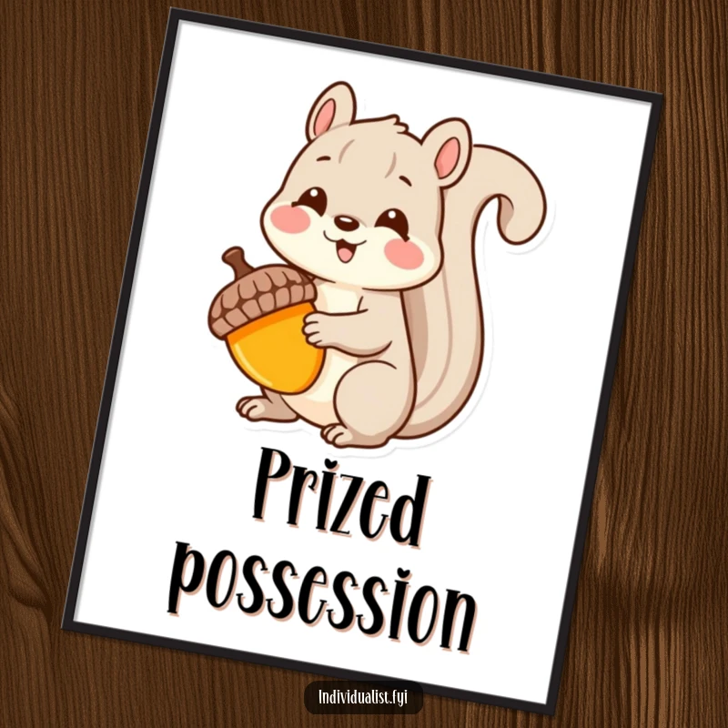Funny Kawaii squirrel poster, featuring a delighted squirrel holding a brightly colored, uniquely shaped acorn, adding unique art.
