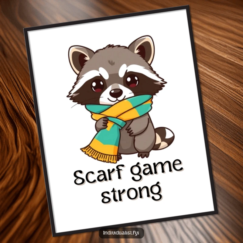 Funny Raccoon Poster featuring a charming raccoon character demonstrating its peculiar talent for tying a brightly colored scarf in an unusual knot.