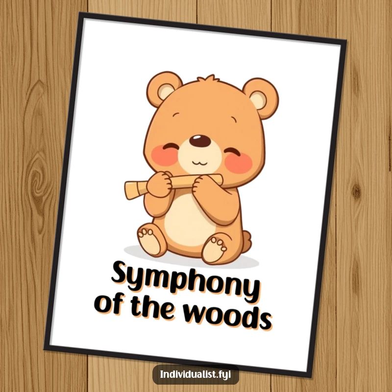 Funny poster of a smiling bear cub playing a small flute, conveying innocence and the joy of music.