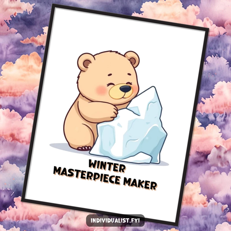 Funny Bear Ice Sculpting Poster, a determined bear intensely focused on sculpting a unique ice formation in a snowy environment.
