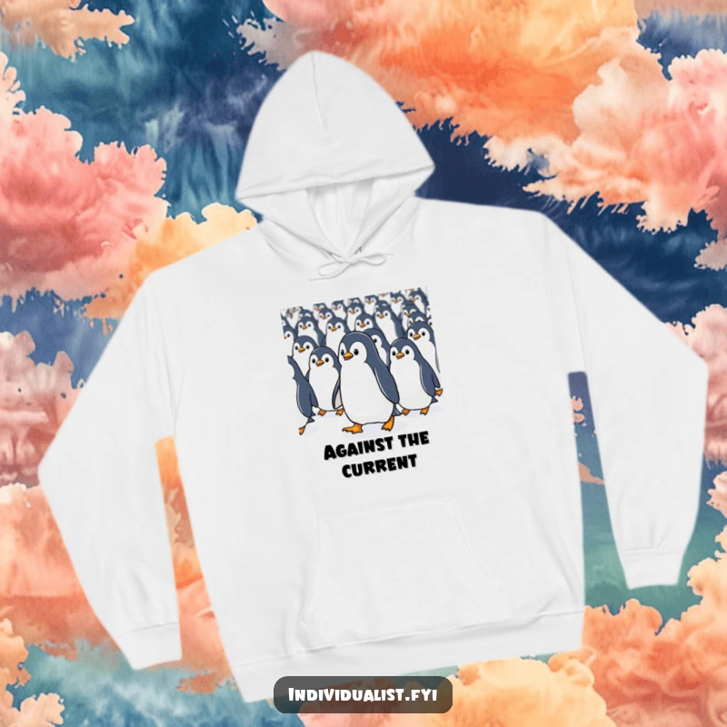 Funny Kawaii penguin determinedly walking against a crowd of identical penguins, featured on a comfortable and inspiring hoodie.