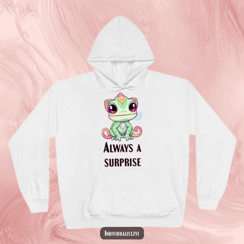 Funny chameleon hoodie depicting a curious chameleon transforming into a wildly vibrant, unexpected pattern, cozy color.