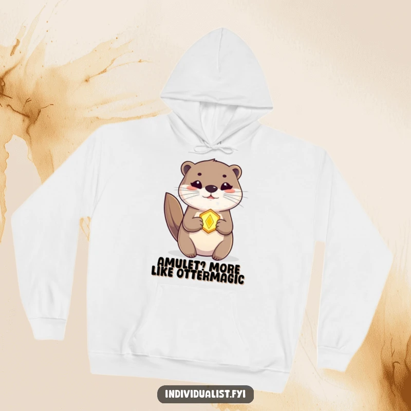 Funny Otter Hoodie depicting a creature with a glowing amulet, radiating warmth and mystical charm, a great gift.