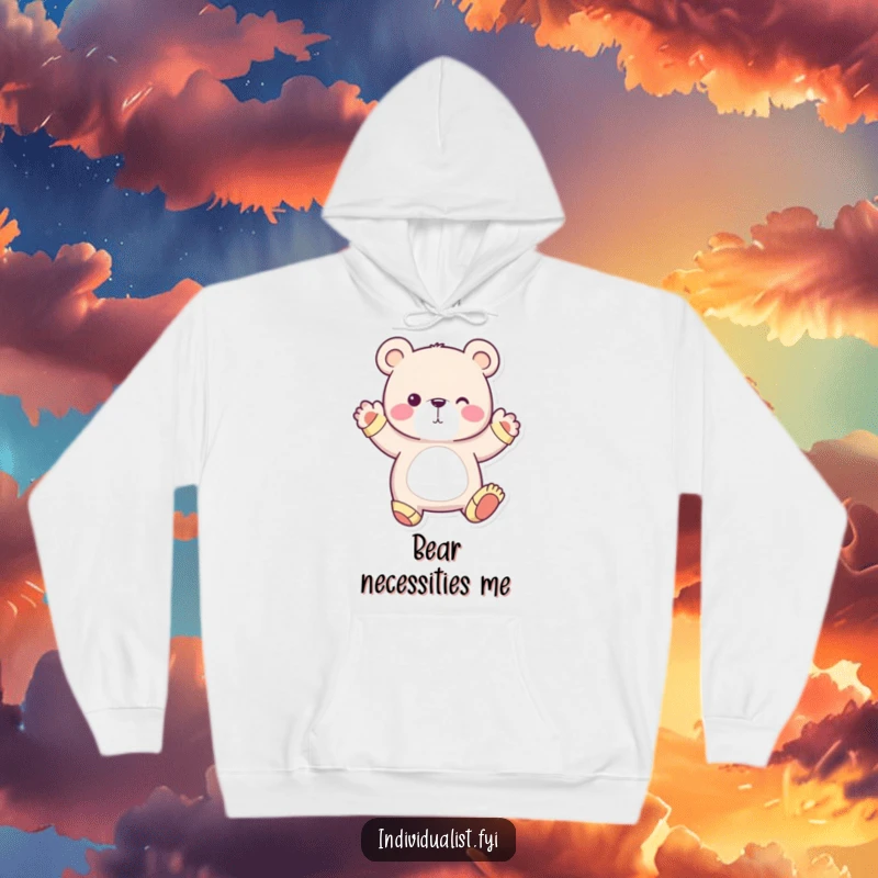 Cozy hooded sweatshirt featuring a whimsical bear wearing mismatched socks, striking a unique pose, perfect for quirky comfort.