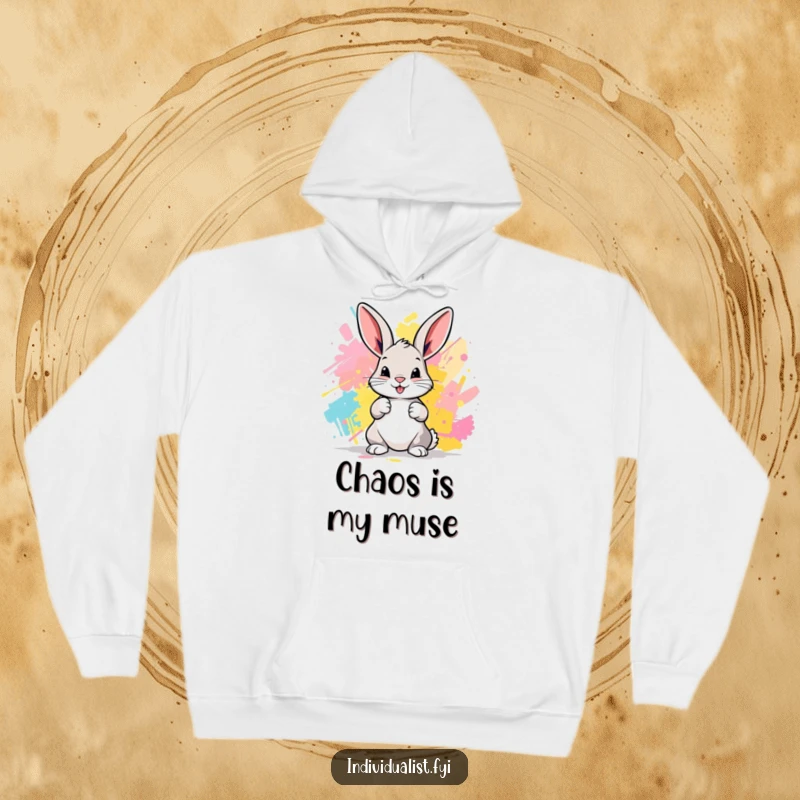 Funny Bunny Hoodie: A playful bunny artist dons a cozy hoodie while creating colorful abstract paintings.