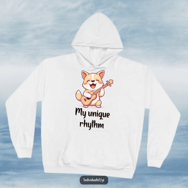 Funny, joyful dog character playing a peculiar, uniquely shaped instrument with a look of pure musical bliss on this cozy hoodie.