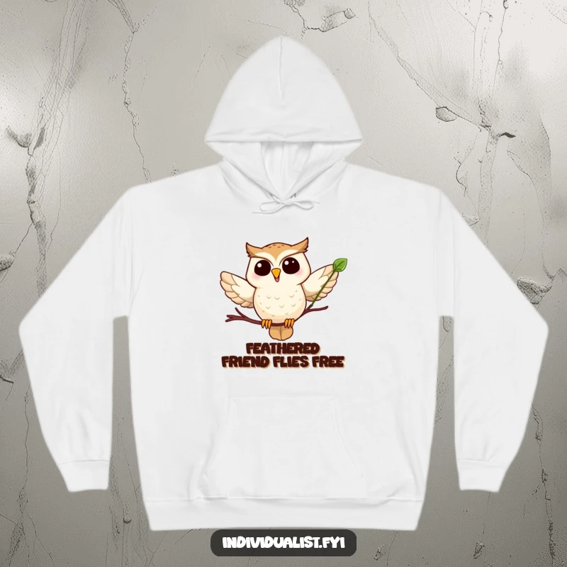 Funny owl leaf hoodie showing a joyful owl in mid-air, clutching a unique leaf, perfect for cozy laughter.