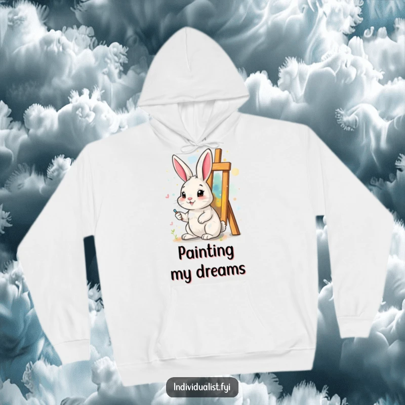 Funny hoodie depicting a cheerful rabbit painting a surreal abstract piece, perfect for cozy, humorous artistic moments.