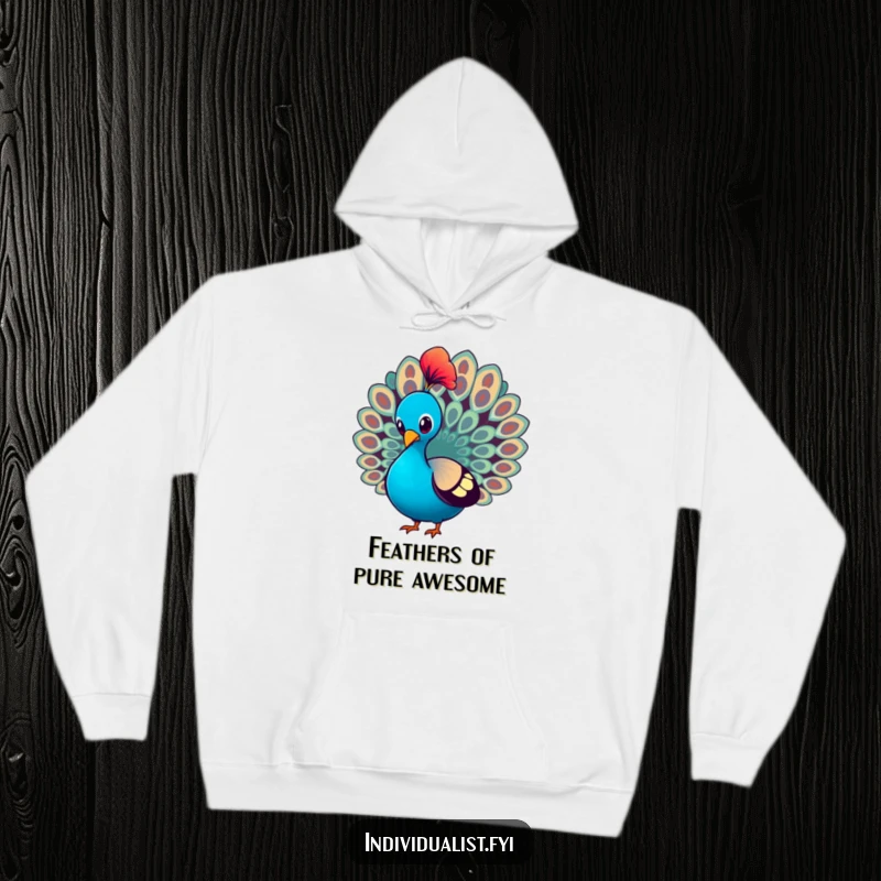 Funny Hoodie displaying a peacock proudly strutting and showcasing a single, brightly colored feather, exuding confidence.