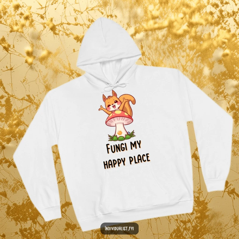 Funny kawaii squirrel hoodie, depicting a joyful squirrel striking a unique pose on a vibrant, multi-colored mushroom.