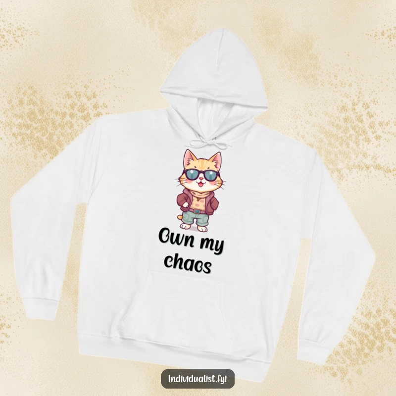Funny Cat Hoodie: A happy cat confidently posing in a quirky, mismatched outfit, offering warmth and humor.