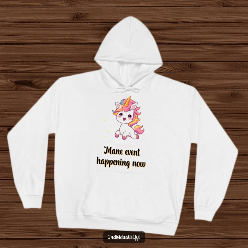 Funny hoodie featuring a cheerful creature joyfully skipping, its unique colorful mane trailing sparkles, a cozy and humorous wearable art.