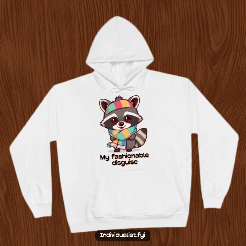 Funny raccoon hoodie featuring a mischievous raccoon proudly displaying an outlandish, multi-colored scarf, cozy charm.