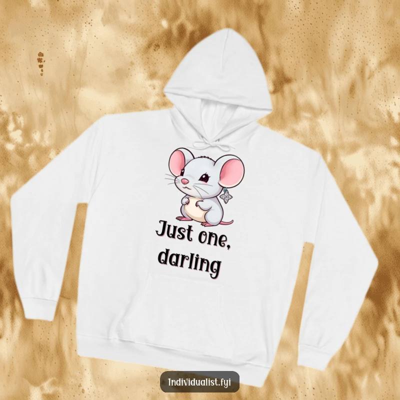 Funny Mouse Hoodie depicting a tiny, charming rodent adorned with one comically oversized, glittering earring, exuding playful elegance.